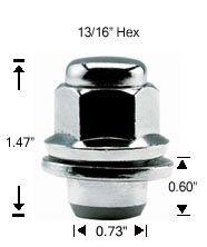 12X1.50 MEDIUM BULGE MAG W/ATTACHED WASHER TOYOTA 13/16 HEX 1.47"L